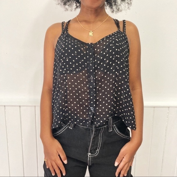 𝅺Brandy Melville Crossed Back Hearts Print Sheer Cami Tank Size M - Picture 6 of 12